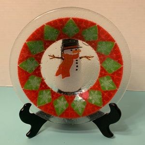 Peggy Karr Fused Art Glass Snowman Bowl Red/Green Christmas Snowflakes 8 1/2”